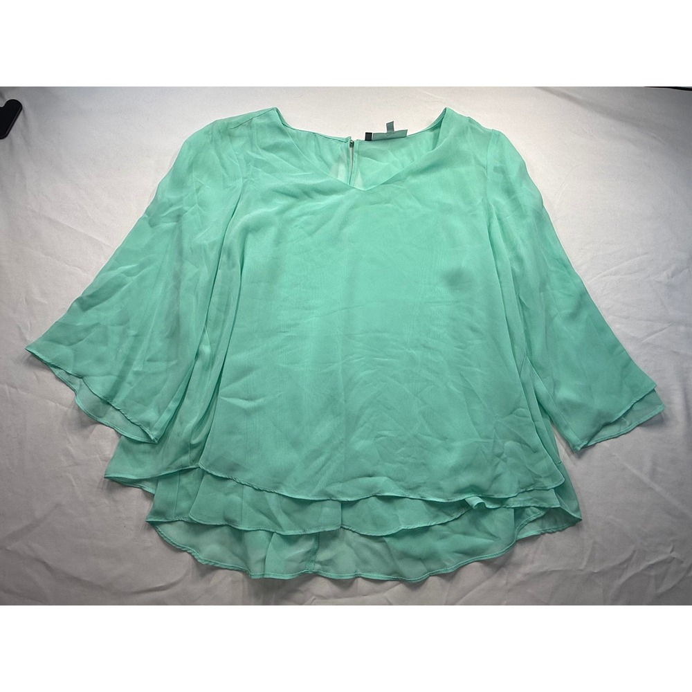 Jennifer Lopez Womens Mint Green Chiffon Tiered Layered Bell Sleeve V-Neck - Picture 2 of 2